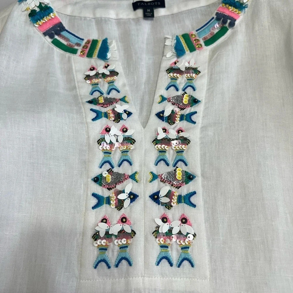 Talbots 100% Linen White Embroidered Fish  Shirt Bell Sleeves Size M - Picture 2 of 13